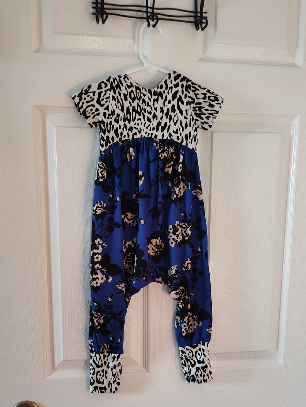 Girls' Blue Floral & Black-White Leopard Romper